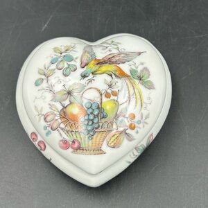 Limoges Heart-Shaped Ceramic Trinket Box with Bird and Fruit Design